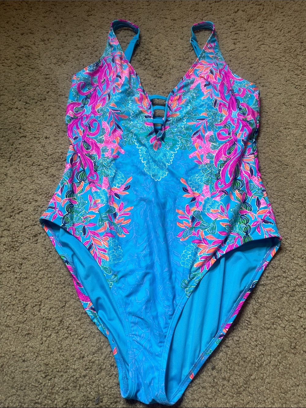 Lilly Pulitzer Size 16  Blue One-Piece Swimsuit with Pink Orange Floral Print